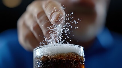 Poster - Close-up of salt being sprinkled onto dark carbonated beverage in glass, creating dynamic splash effect with bubbles and foam against dark background.