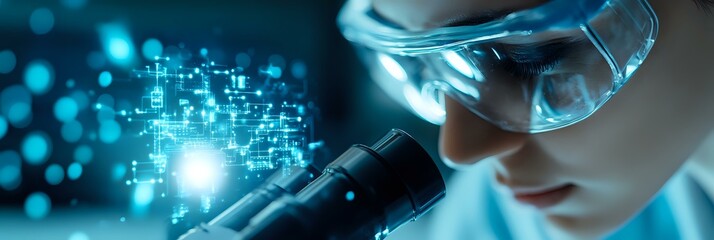 Poster - Medical researcher in protective goggles examining microscope with glowing digital data visualization and futuristic technology interface in blue tones.