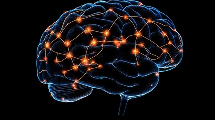 Poster - Glowing neural network visualization in human brain with orange synapses and blue outline on black background, showing neural connections and brain activity.