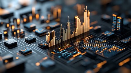 Poster - Glowing golden skyscrapers rise from circuit board cityscape with microchips and electronic components in dramatic lighting, representing digital transformation and smart city concept.