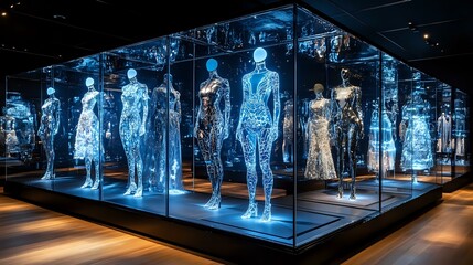 Poster - Futuristic holographic mannequins glowing in blue light displayed in glass cases create dramatic technological fashion exhibition atmosphere in dark museum space.