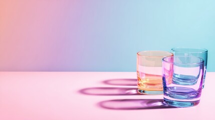 Poster - Three colorful glasses on a pastel surface with soft shadows and a gradient background