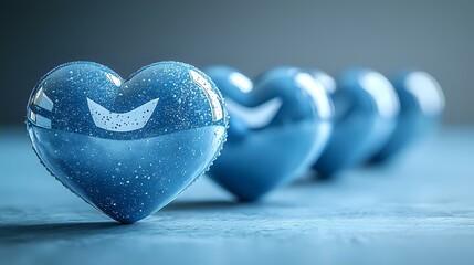 Poster - Blue glass hearts arranged in diminishing perspective on textured surface with soft bokeh effect and sparkles, creating romantic mood for valentines or love concept.
