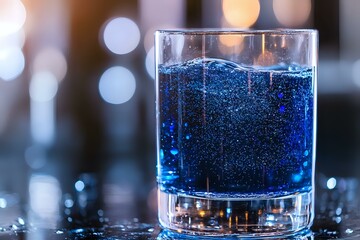 Poster - Vibrant blue carbonated beverage in clear glass with sparkling bubbles against blurred bokeh background, refreshing summer drink with fizzy texture.
