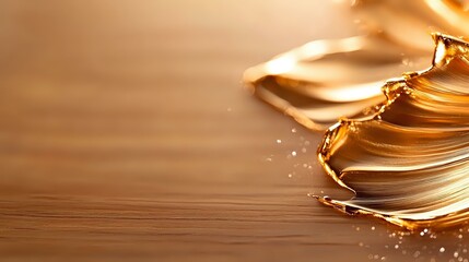 Poster - Liquid gold metallic splash on wooden surface creates dynamic motion with droplets and waves in warm amber tones against natural wood texture background.