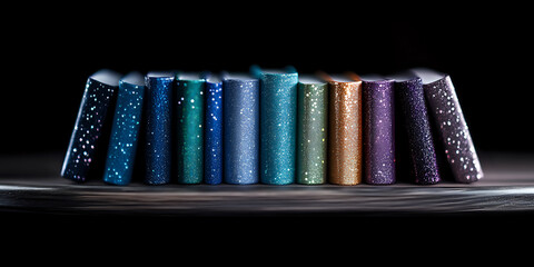 Poster - Row of colorful metallic books with glitter sparkles arranged in curved line against dark background, creating dramatic lighting effect and reflective surface.