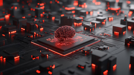Poster - Artificial intelligence brain, circuit board, glowing red light, futuristic technology, innovation, digital, electronic