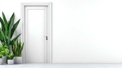 Poster - Modern interior featuring a white door, lush green plants, and a minimalistic design aesthetic