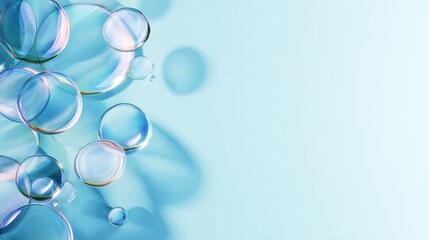 Poster - Colorful soap bubbles floating on a light blue background, creating a whimsical atmosphere