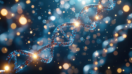 Poster - Abstract DNA helix glowing with blue and orange light, scientific innovation, biotechnology, futuristic background