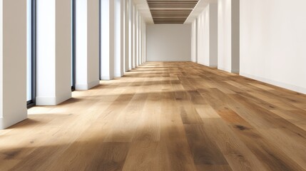 Poster - Modern interior space with wooden flooring and large windows, bright natural light streaming in