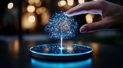 Poster - Glowing holographic tree emerging from digital device with hand interaction against blurred bokeh background, representing future technology and innovation.