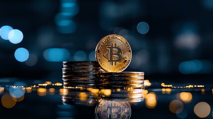 Poster - Golden cryptocurrency coin stacked on pile of coins with blurred blue bokeh background and reflection on dark glossy surface. Digital money concept.