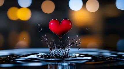 Poster - Red heart shape splashing in water with bokeh lights background creating romantic mood and water crown effect with droplets frozen in motion.