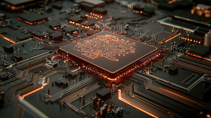 Poster - Futuristic microchip with glowing brain circuit, artificial intelligence, technology innovation, digital network