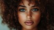 © Larisa AI - A striking portrait of a young woman with beautiful curly hair and captivating blue eyes, embodying confidence and individuality in an artistic and vibrant way.