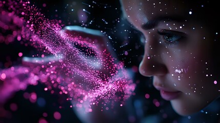 Poster - Young Asian woman profile with glowing pink particles and magical sparkles floating in dark space creating ethereal dreamy atmosphere for fantasy concepts.