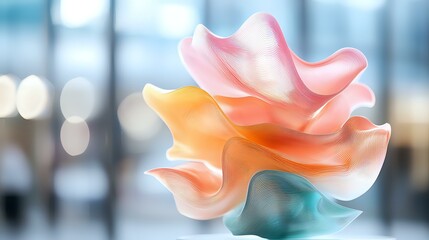 Poster - Delicate abstract waves in soft pink, peach and teal colors create flowing organic shapes against blurred background with bokeh lights, suitable for modern interior decor.