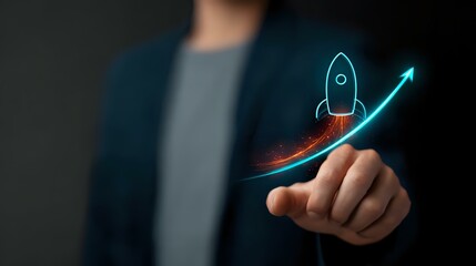 Poster - Glowing blue rocket icon launches upward along rising graph curve against dark background, symbolizing business growth and startup success. Professional points at digital display.