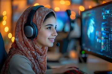 Poster - Young woman in hijab wearing headphones smiles while working at computer with bokeh lights in background, representing modern workplace diversity and remote work culture.