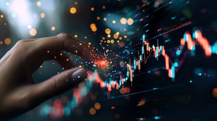 Poster - Hand touching glowing stock market chart with candlestick pattern against dark background with bokeh lights and sparkle effects. Financial trading concept.