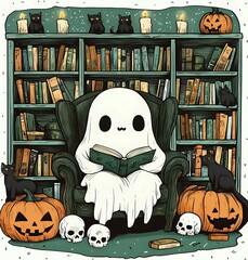 Poster - Cute ghost reading book in armchair with Halloween decorations, black cats, skulls and pumpkins against vintage bookshelf background in cozy library setting.