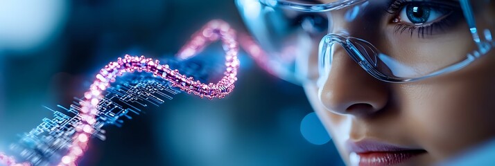 Poster - Young woman in protective glasses looking at glowing pink DNA helix structure against blue scientific background, representing biotechnology and genetic research.