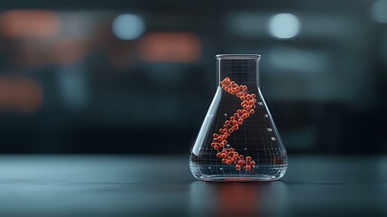 Poster - Glowing red DNA helix structure floating in glass laboratory flask against dark background, scientific research visualization for biotechnology and genetics.