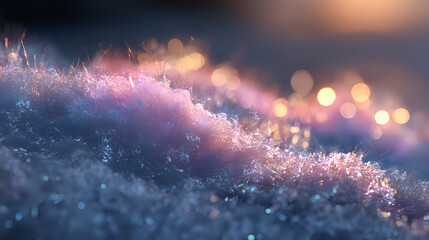 Poster - Delicate frost crystals illuminated by warm sunset light creating magical winter macro scene with pink and orange bokeh highlights against dark blue snowy background.