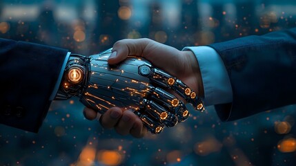 Poster - Robotic and human hands joining in handshake with glowing circuit patterns and bokeh lights in dark background, representing AI technology and human collaboration.