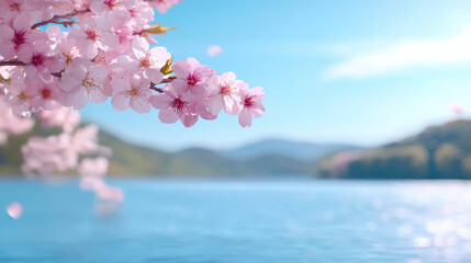Aufkleber - Cherry blossom tree river spring pink flower nature landscape tranquil blue sky outdoor scenic peaceful water mountain