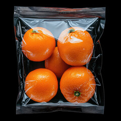 Poster - Vacuum packed orange citrus fruit fresh glossy plastic packaging isolated black background healthy snack