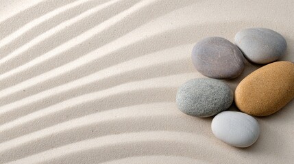 Poster - Smooth stones arranged on a sandy surface with gentle ripples in the background, evoking tranquility
