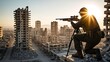 © Coolbits - A sniper perched on a half-destroyed high-rise, overlooking a war-ravaged downtown, lens flare from the setting sun.