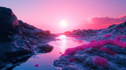Wall Mural - a breathtaking sunset casts vibrant shades of pink across the rocky shore. the calm water reflects t