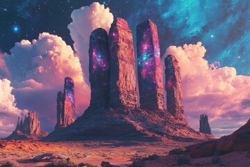 Wall Mural - a colorful, surreal landscape with three large rocks and a few smaller ones. surreal cosmic monolith
