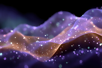 Aufkleber - Abstract flowing waves of purple and orange light with glowing particles and bokeh effects on dark background, creating magical atmospheric design.