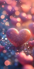 Poster - Glittering pink heart shape on dreamy bokeh background with soft focus sparkles and magical light effects in purple and coral tones for romantic design projects.