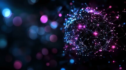 Aufkleber - Glowing network sphere with connected dots and lines in blue and purple colors against dark background with bokeh lights creates futuristic atmosphere.