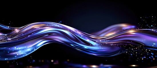 Poster - Luminous flowing waves with purple and blue light effects against dark background, sparkling particles creating dynamic motion and energy stream pattern.