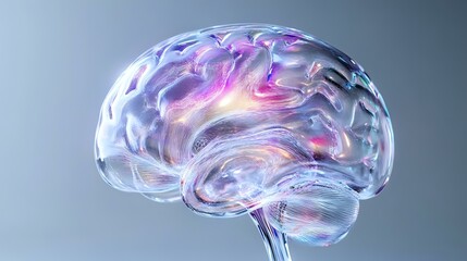 Poster - Translucent human brain model with colorful pink and purple glowing areas showing neural activity and consciousness on gray background, medical visualization.