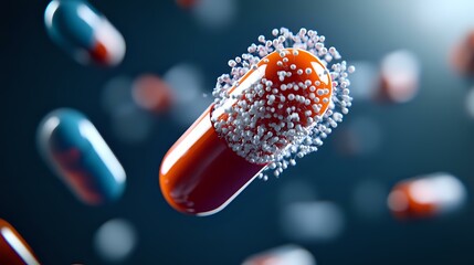Poster - Medical capsule with red liquid inside covered in coronavirus spikes floating on dark background, pharmaceutical and healthcare concept visualization.