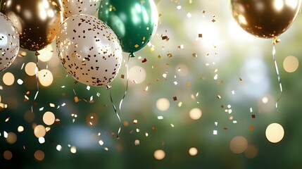 Poster - Festive balloons in gold, silver and emerald green colors floating with glitter confetti against blurred bokeh background for celebration and party design.