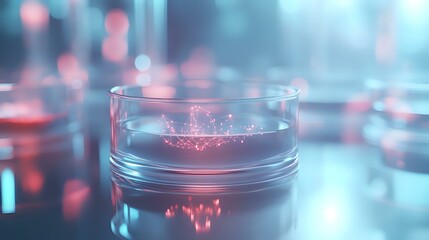 Poster - Glowing liquid in glass container with neon blue and pink bokeh background creates futuristic atmosphere, suitable for technology and science concepts.