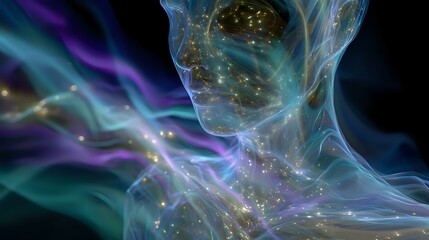 Poster - Ethereal translucent figure with glowing particles and flowing energy waves in purple, blue and teal colors against dark background, cosmic spiritual concept.