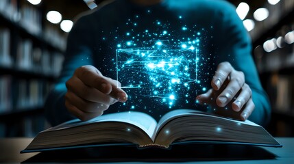 Poster - Magical glowing constellation emerges from open book pages with blue light effects, person's hands holding book in dark library atmosphere with bokeh lights.