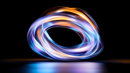 Poster - Glowing light trails form dynamic circular motion against dark background with blue reflection on surface, creating abstract luminous ring pattern.