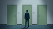 © Ирина Першина - A businessman is at an impasse: three identical doors as a symbol of the illusion of choice, the lack of career growth, and the inability to move forward on the career ladder.