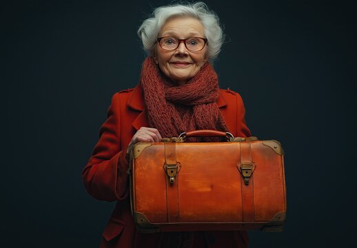A woman with a suitcase is ready to go on a trip.