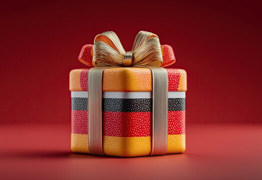 Colorful gift box with gold ribbon on red.